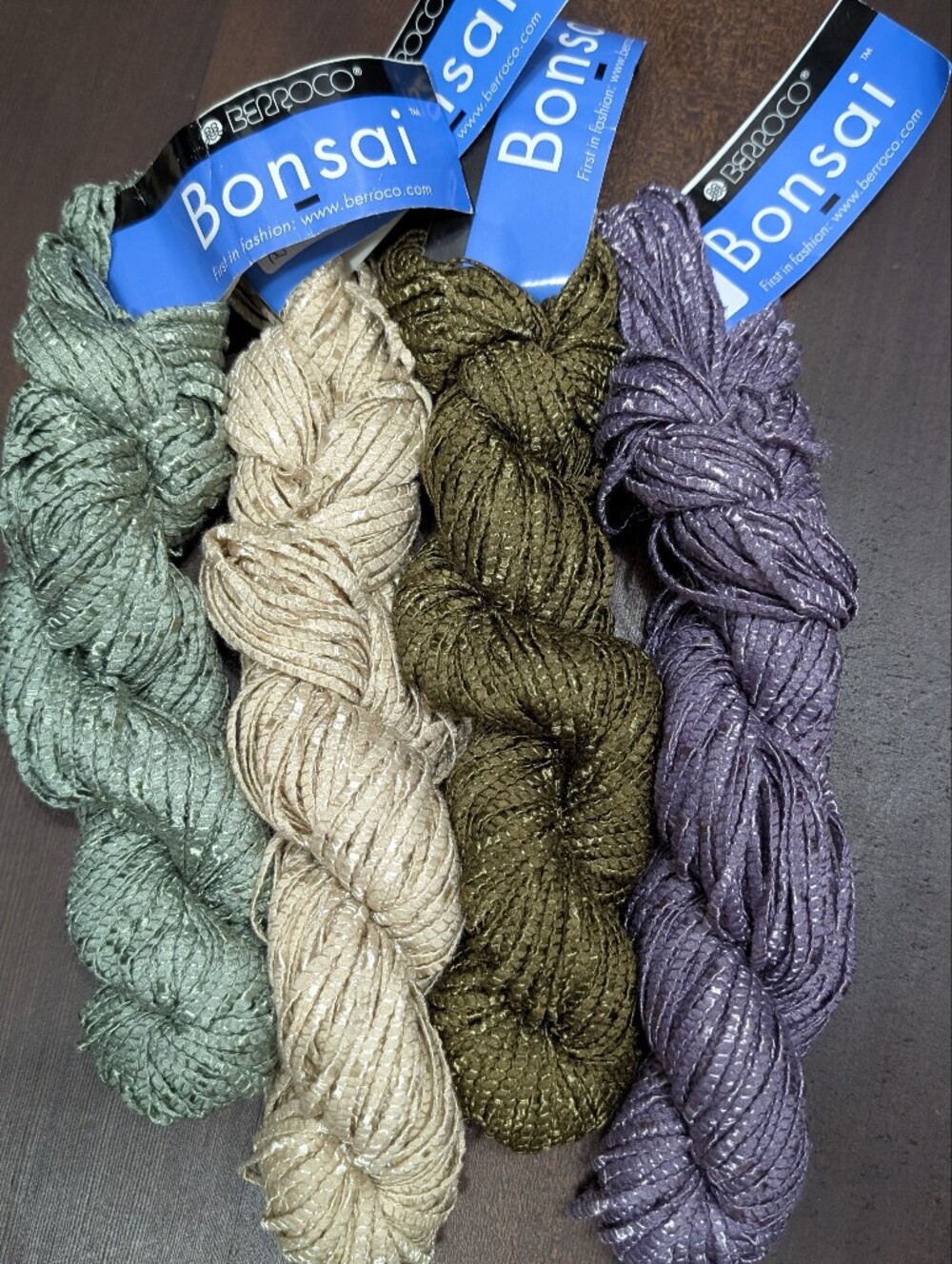 Berroco Bonsai Yarn, Set Of 4, Seafoam Moss Cream Purple Metallic Ribbon